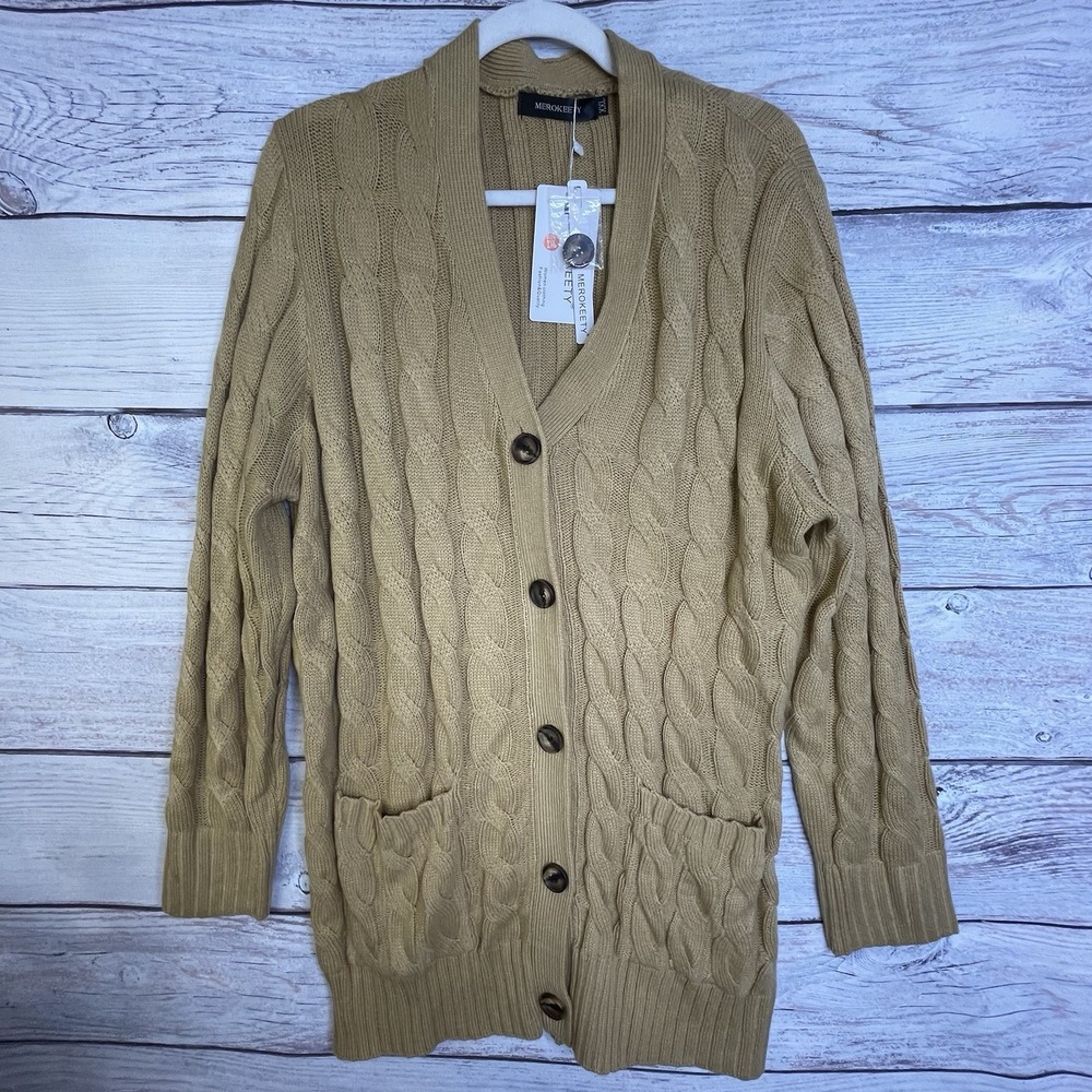 MEROKEETY Cardigan Long Sweater Womens XL  Beige Khaki Knit Button READ